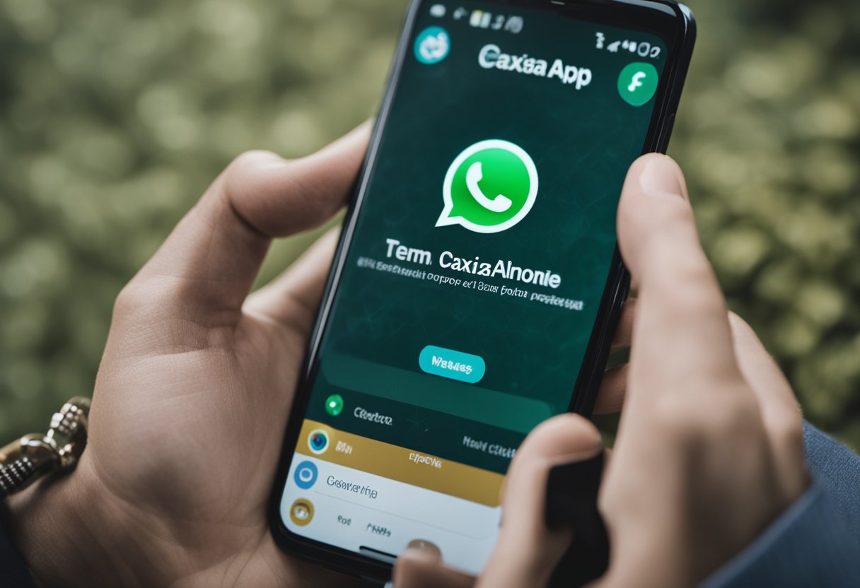 Um smartphone exibindo o aplicativo Caixa Tem com um chat do WhatsApp aberto, com a mão de uma pessoa tocando na tela para acessar o suporte ao cliente.