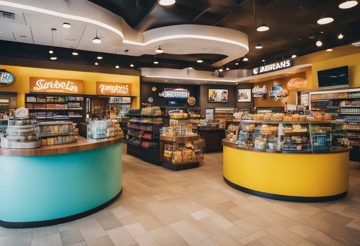 Uma loja Americanas colorida com um logo sorridente, clientes resgatando recompensas e funcionários alegres ajudando.