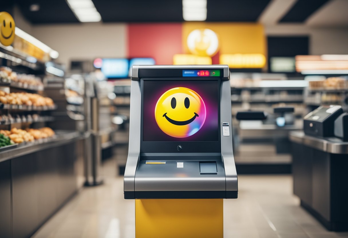 Um logotipo sorridente colorido da Americanas sendo escaneado em um balcão de checkout