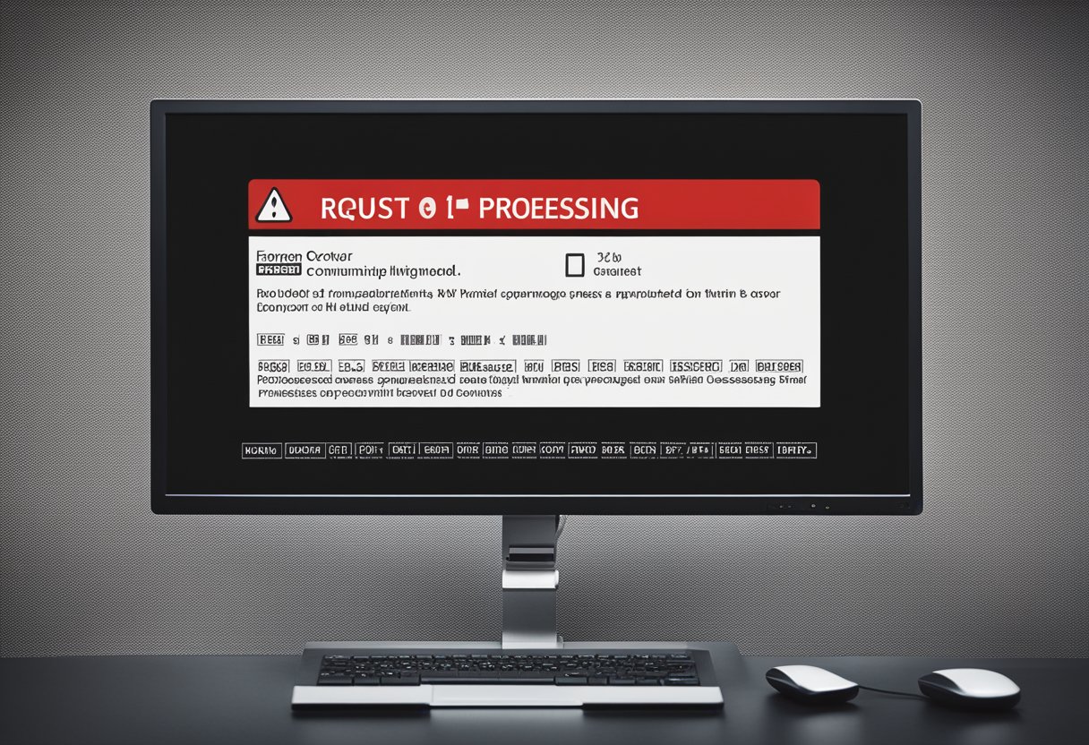 Uma tela de computador exibindo um símbolo de aviso com uma caixa de mensagem cercada por uma borda vermelha, indicando que ocorreu um erro ao processar uma solicitação.