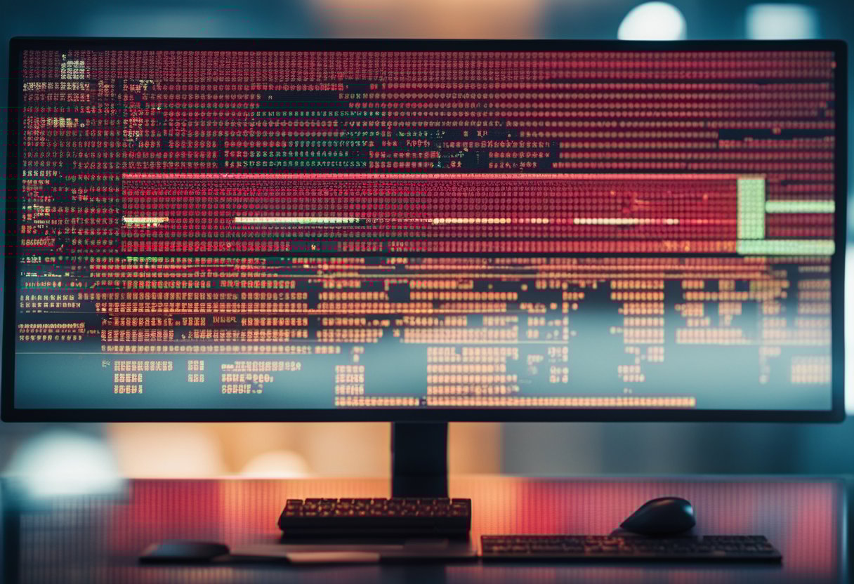 Uma tela de computador exibindo logs de erro com um símbolo de aviso vermelho