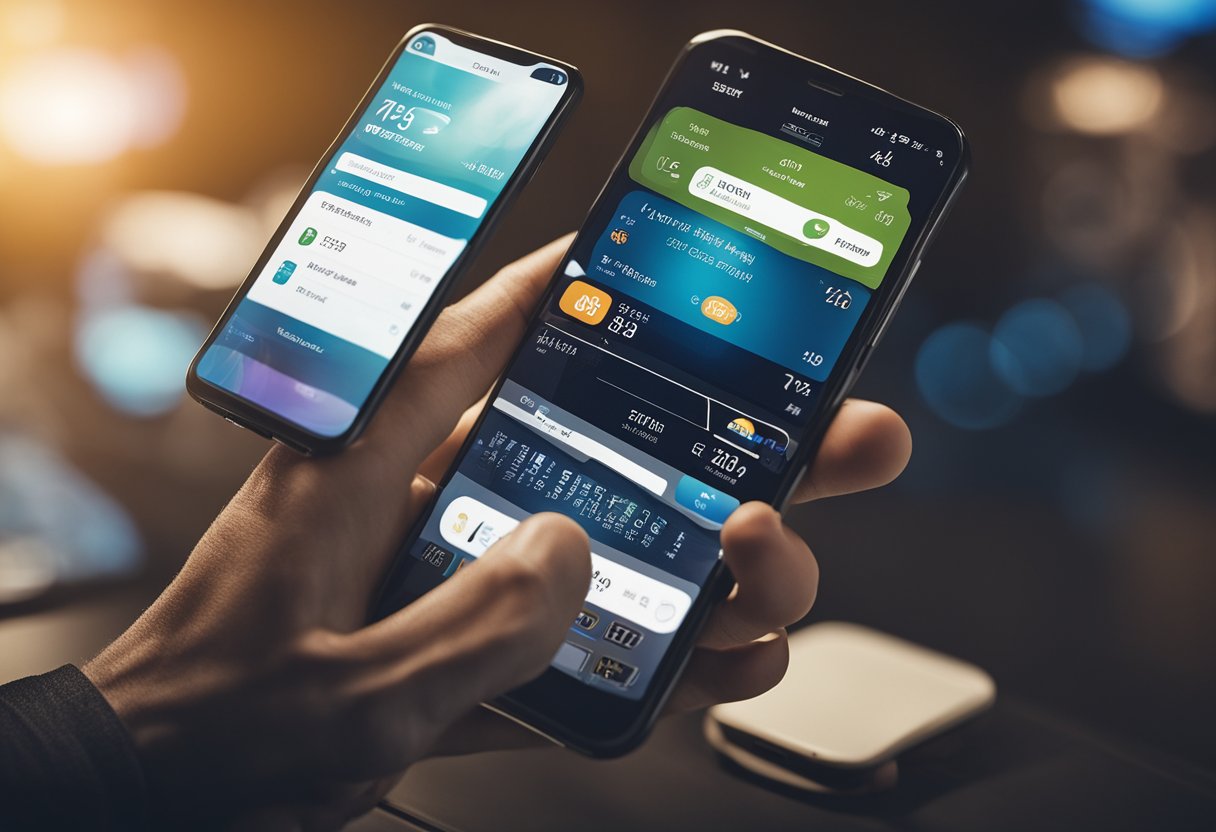 Uma mão alcançando uma carteira virtual na tela de um smartphone, com o logo de um aplicativo de apostas visível no canto.