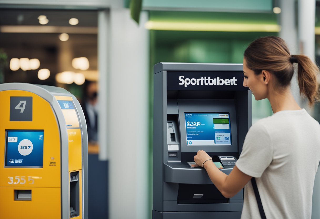 Uma pessoa retirando dinheiro de uma conta Sportingbet em um caixa eletrônico.