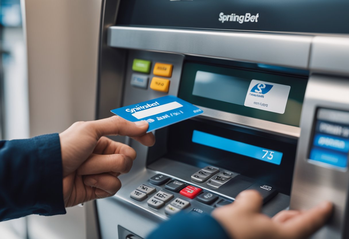 Uma pessoa inserindo um cartão bancário em um caixa eletrônico com o logo da Sportingbet, enquanto pressiona botões para sacar dinheiro.
