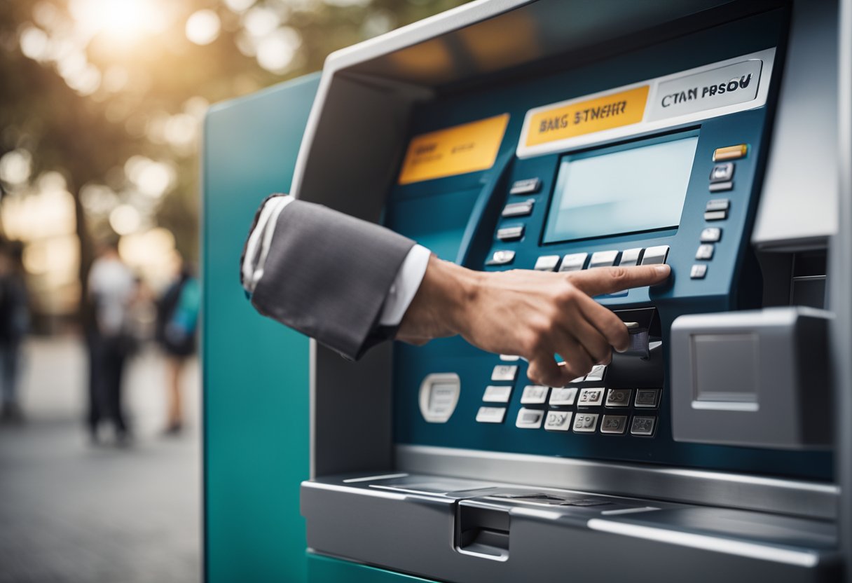 Uma pessoa se aproximando de um caixa eletrônico do BB, selecionando a opção para senhas de letras e recebendo uma senha de letras impressa da máquina.