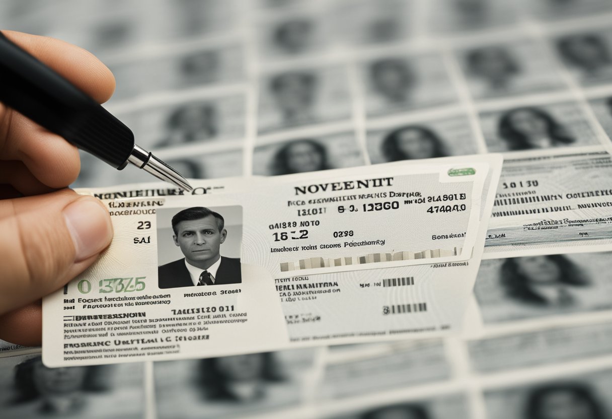 Uma pessoa examinando um documento de identidade emitido pelo governo com uma lupa, focando na data de emissão