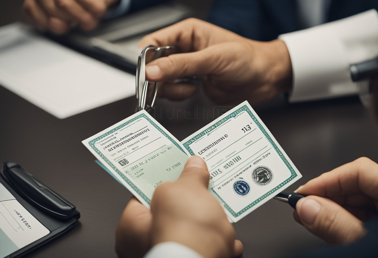 Uma pessoa entregando seu documento de identidade a um oficial atrás de uma mesa, que está examinando o documento com um carimbo de data ao fundo.