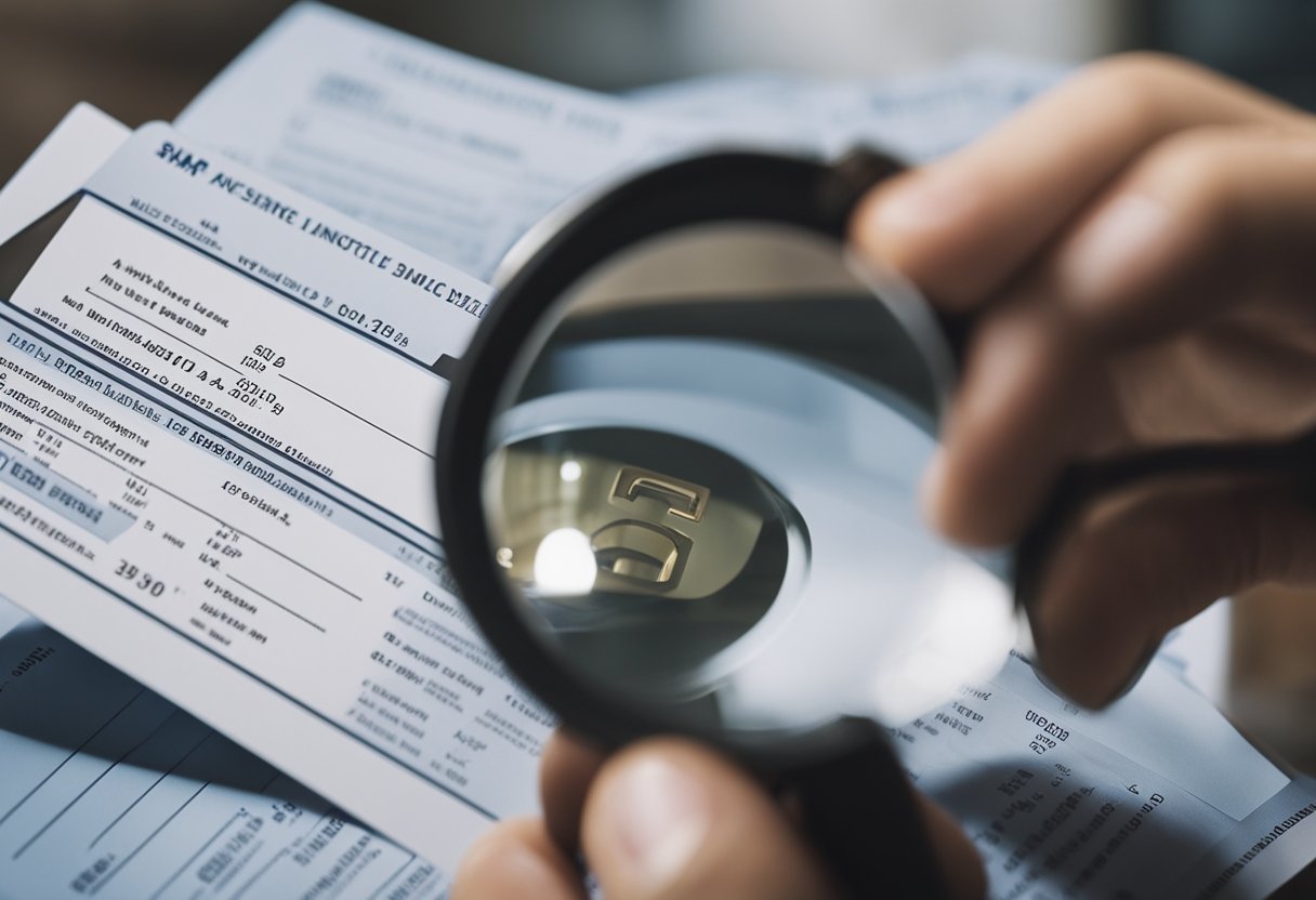 Uma pessoa usando uma lupa para inspecionar a data de emissão em um cartão de identificação