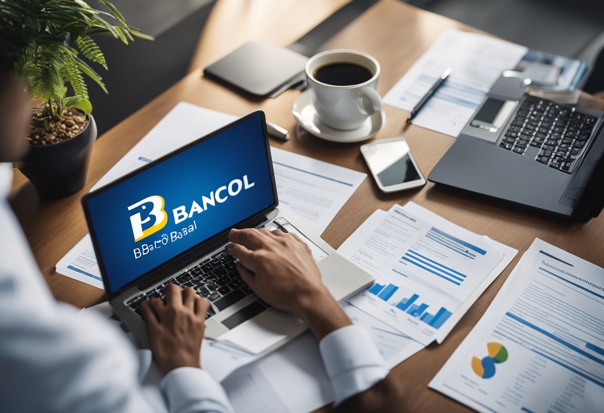 Uma pessoa sentada em uma mesa com um laptop, cercada por documentos bancários e o logo do BB, pesquisando informações sobre os pacotes de serviços do Banco do Brasil online.