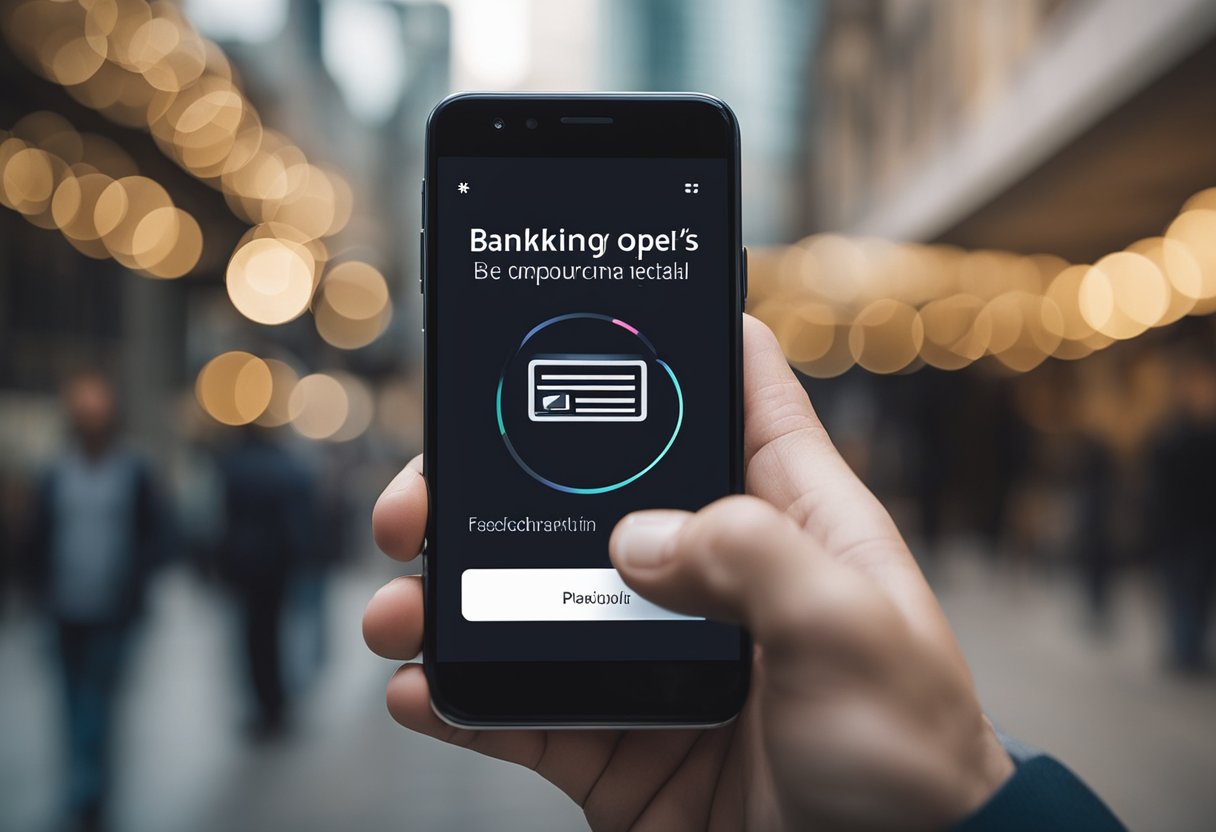 A mão de uma pessoa segurando um smartphone com um aplicativo bancário aberto, exibindo detalhes do pacote