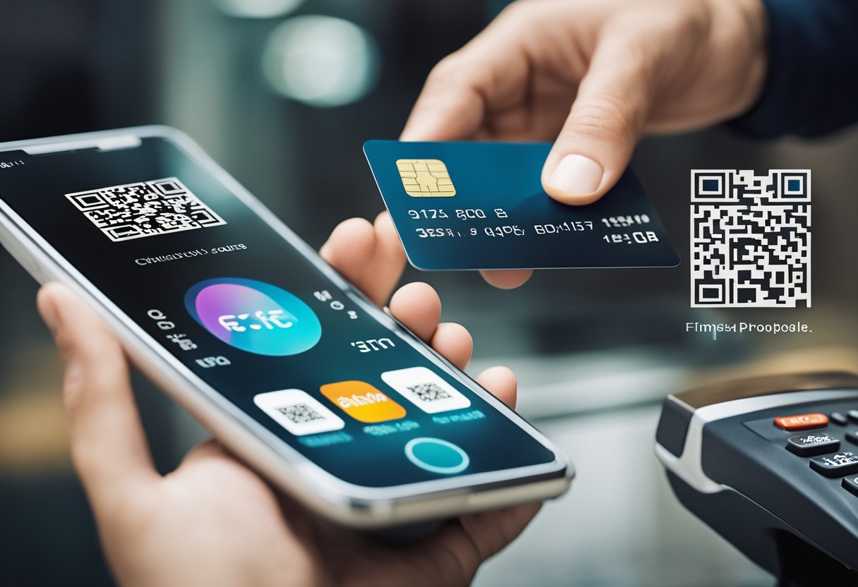 Um smartphone com um código QR exibido na tela, uma mão segurando um cartão bancário e um terminal de pagamento