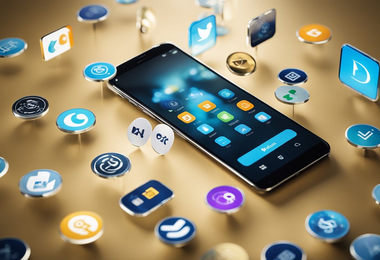 Um smartphone com um logo do Pix exibido na tela, cercado por vários ícones e símbolos de pagamento