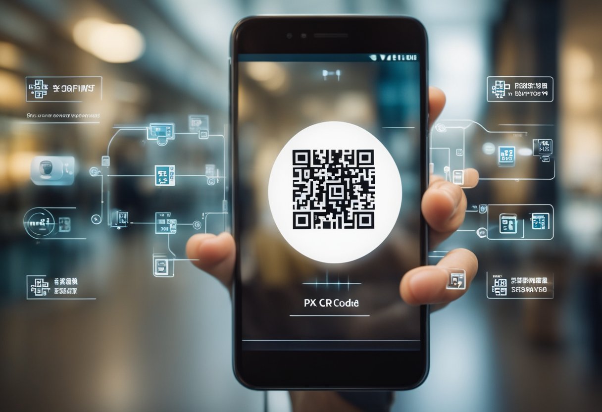 Uma pessoa usando um smartphone para escanear um código QR ou inserir seus dados bancários para registrar uma chave Pix