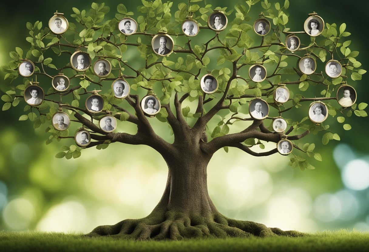 Uma árvore genealógica com ramos se estendendo, conectando diferentes gerações e representando a importância da genealogia na compreensão da linhagem de uma pessoa.