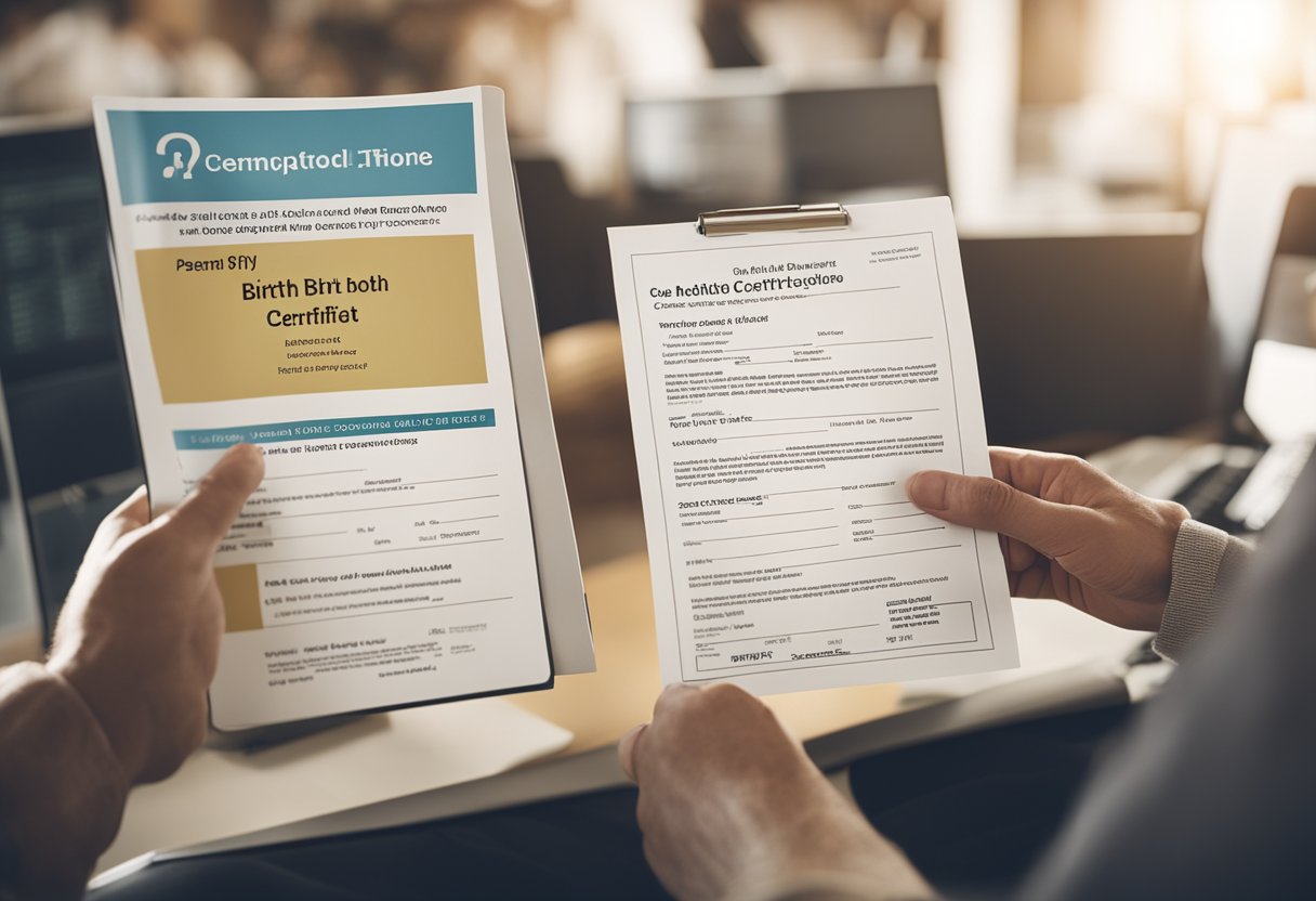 Um pai segurando a certidão de nascimento de uma criança, olhando para a tela do computador com um ponto de interrogação acima da cabeça.