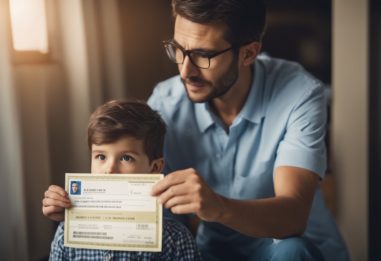 Um pai segurando uma certidão de nascimento e um documento de identidade de criança, olhando para eles com uma expressão perplexa
