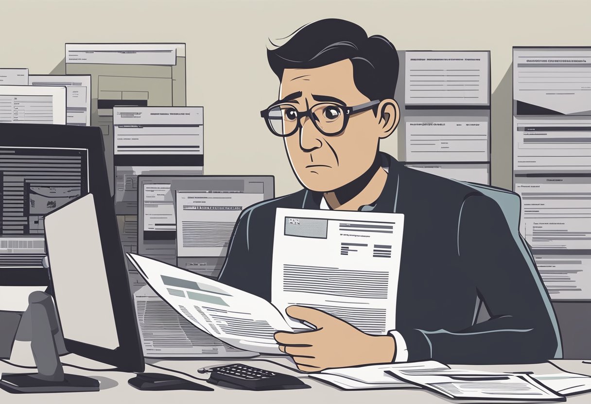 Um pai segurando uma certidão de nascimento e um formulário, olhando para a tela do computador com uma expressão confusa