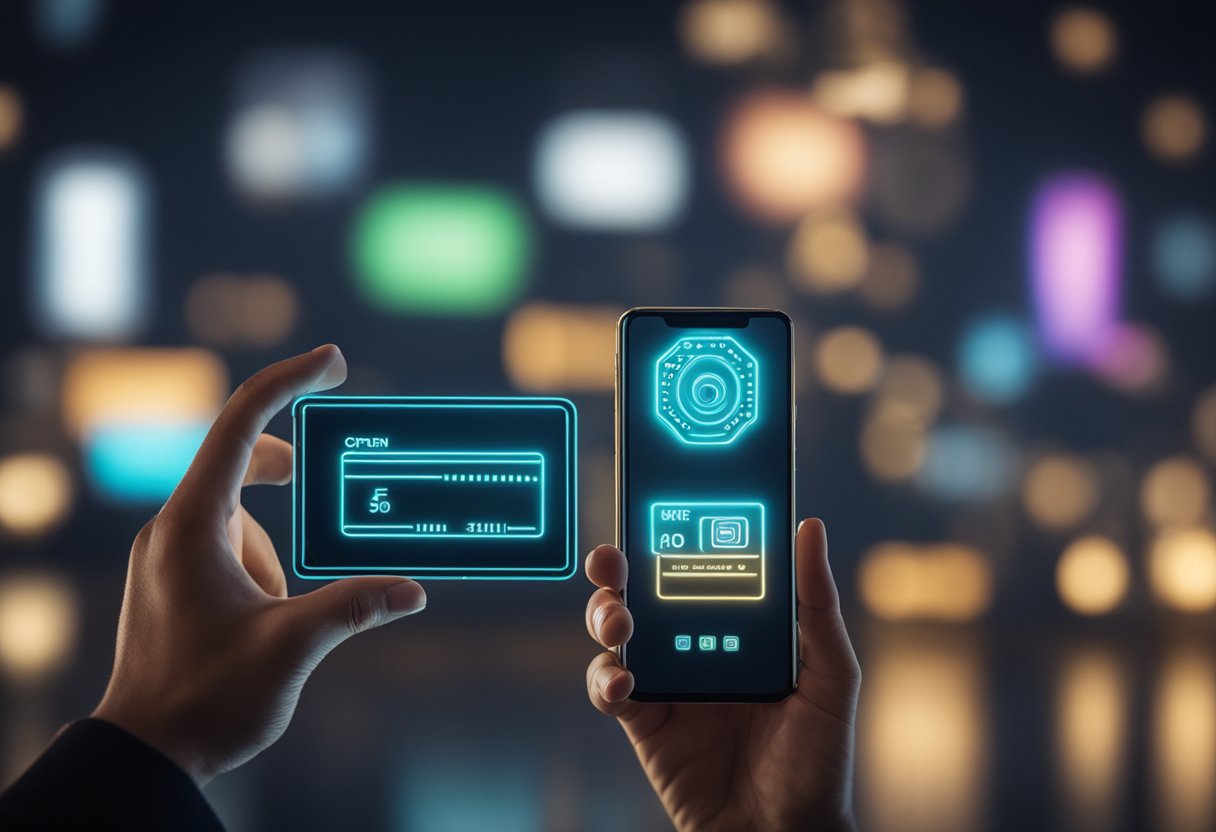 Uma pessoa segurando um cartão Neon enquanto olha para a tela de um smartphone com o aplicativo Neon aberto, mostrando o limite atual do cartão.