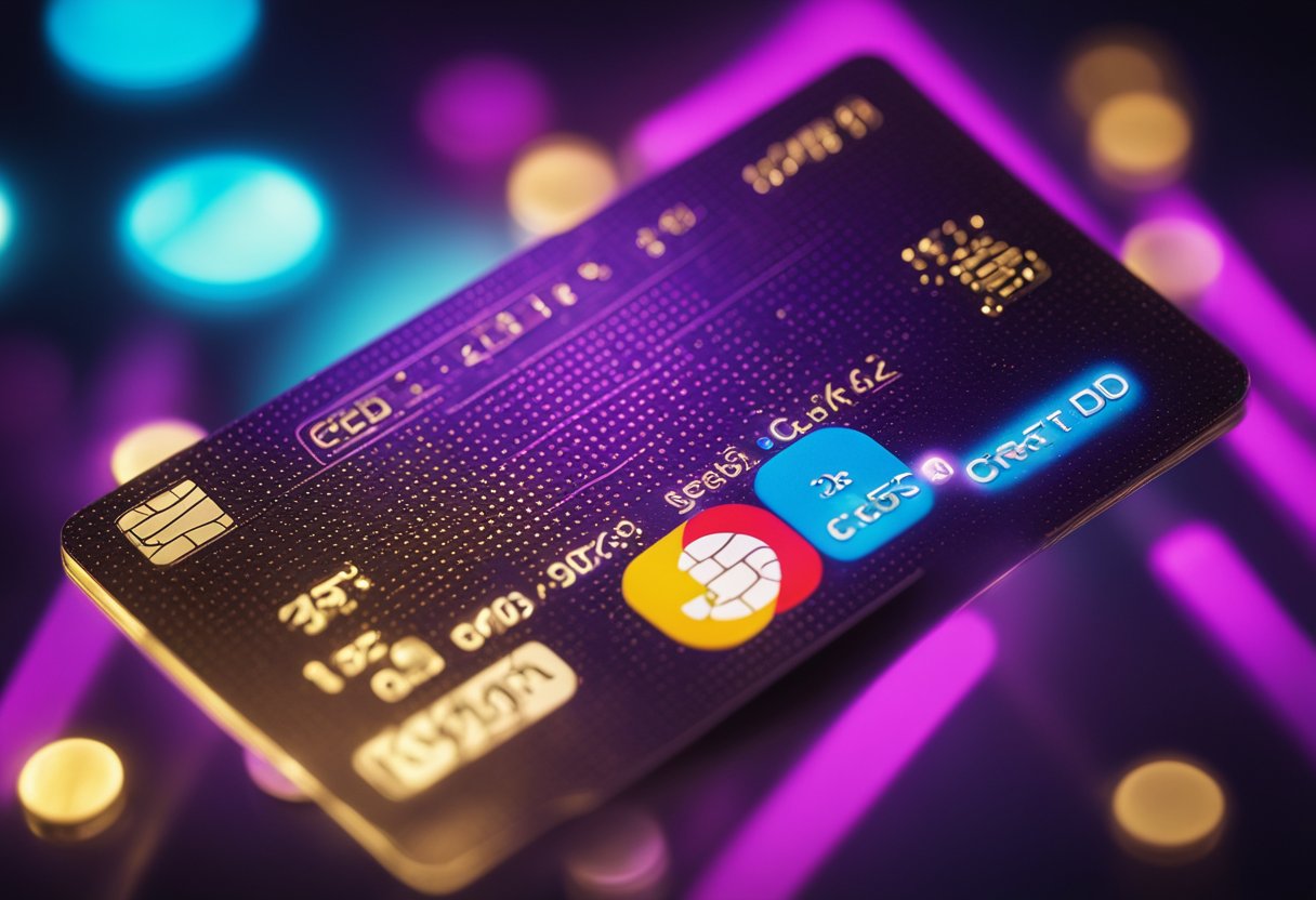 Um cartão de crédito neon pairando acima de uma balança, com um lado mostrando uma pilha de notas e o outro lado mostrando um sinal de verificação