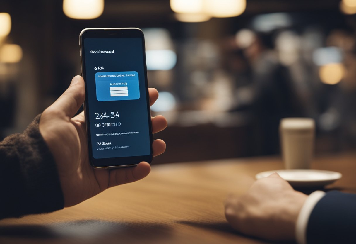 Uma pessoa usando um smartphone para acessar sua conta digital da Caixa, com o aplicativo aberto e o número da conta visível na tela.