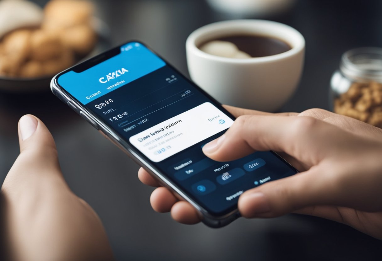 Uma pessoa usando um smartphone para acessar sua conta digital com o Caixa Tem, com o aplicativo aberto e o número da conta visível na tela.