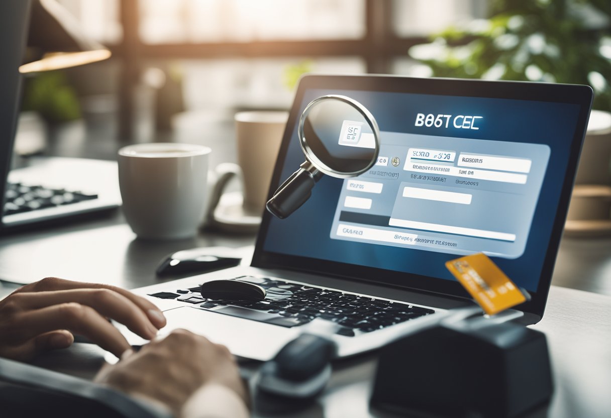 Uma pessoa segurando um cartão de crédito com uma lupa, enquanto outra pessoa está digitando em um computador com um número de CPF exibido na tela.