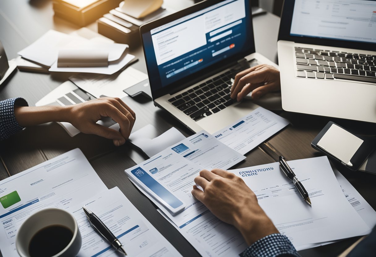 Uma pessoa sentada em uma mesa, com um laptop e papéis, cercada por documentos financeiros e cartões de crédito