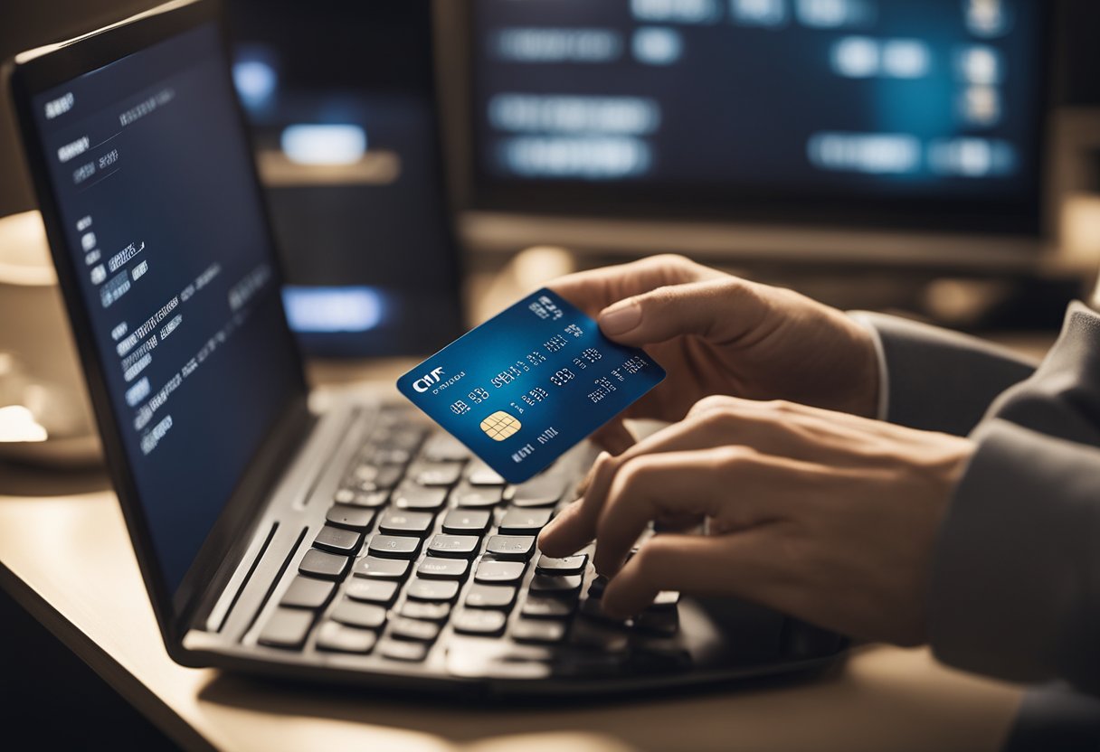 Uma pessoa segurando um cartão de crédito e digitando em um computador, com um número de CPF visível na tela