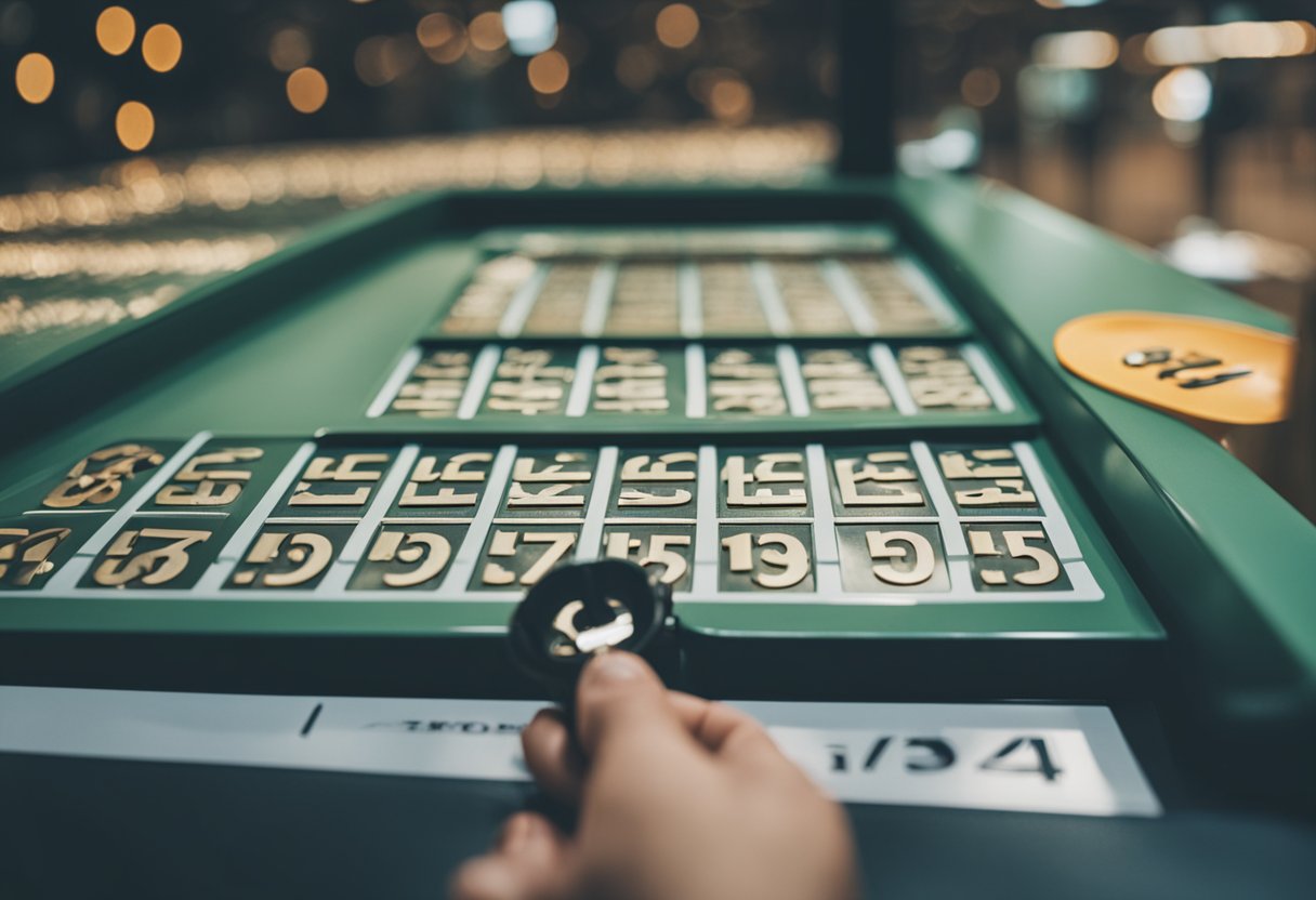 Uma pessoa em pé na frente de um quiosque de loteria, inserindo uma chave em uma fenda enquanto segura um documento com "FGTS" escrito nele