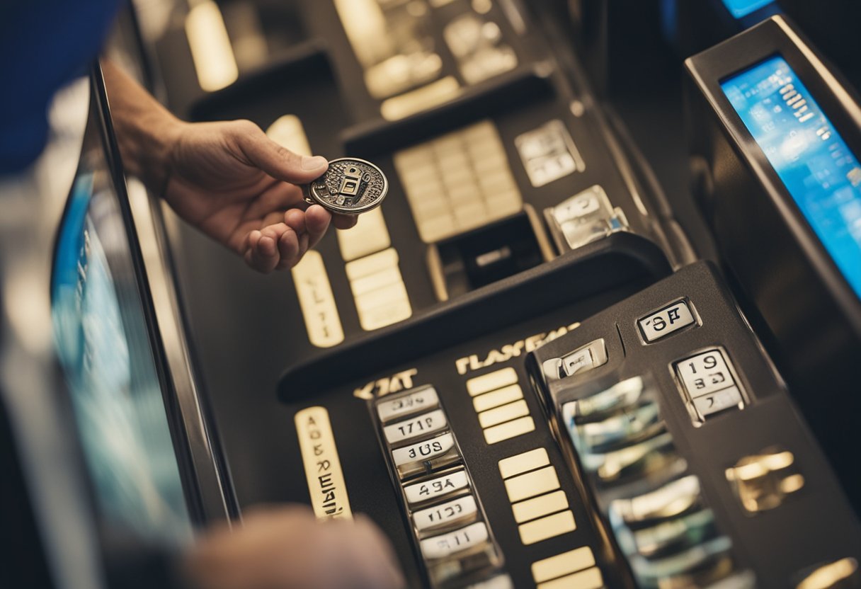 Uma pessoa inserindo uma chave em uma fenda em um quiosque de loteria para retirar fundos do FGTS