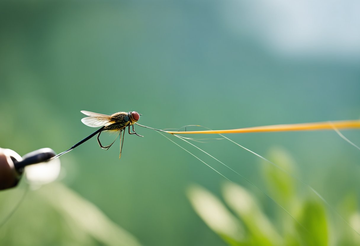 A fly line shooting through the air, guided by expertly tied fishing knots, with the best shooting line for beginners in action