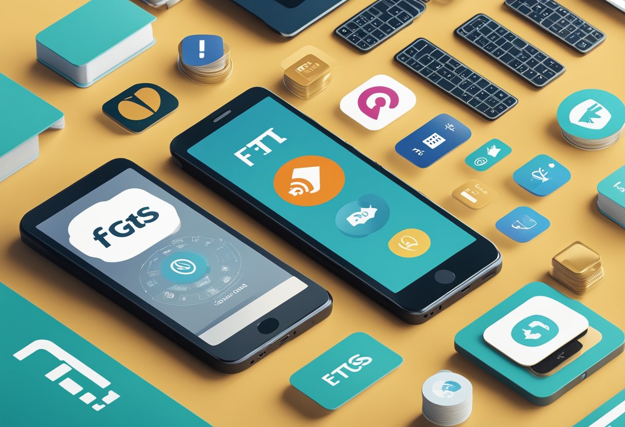 Um telefone com um logo do FGTS na tela, cercado por ícones que representam opções de consulta e saque.
