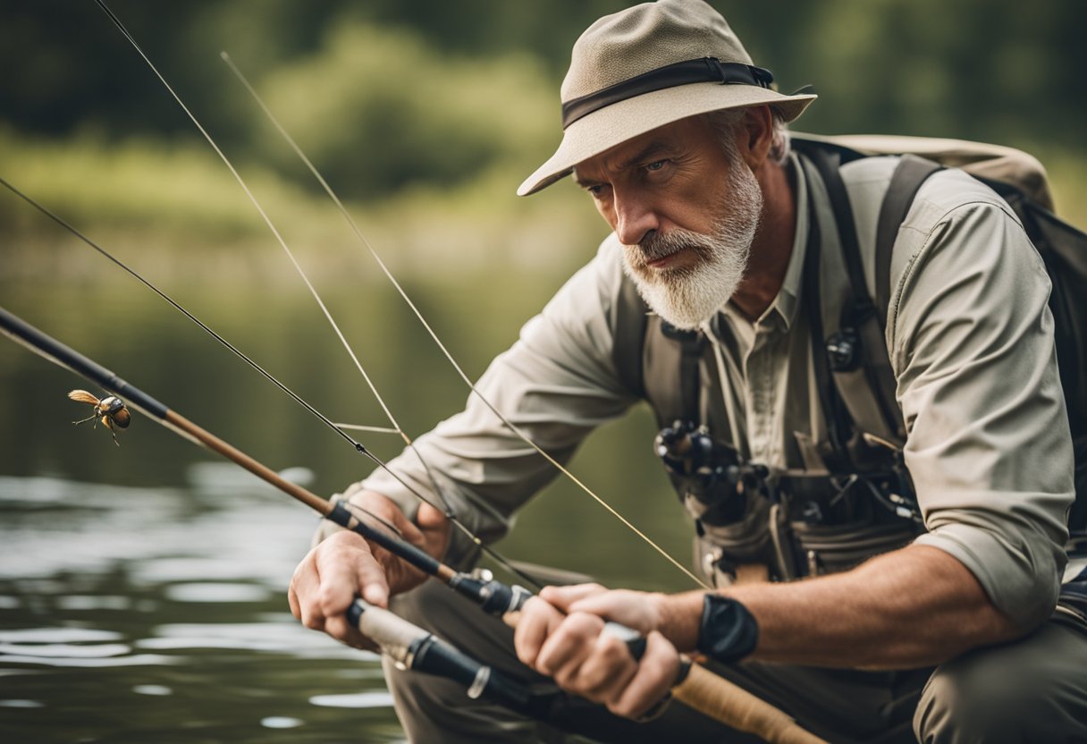 A fly fisherman casting his line, focused on tying the best shooting knots for targeted fly fishing strategies