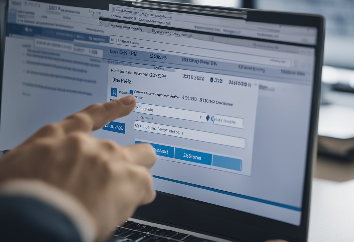 Uma pessoa digitando um número de CPF em um computador, com uma tela exibindo informações educacionais