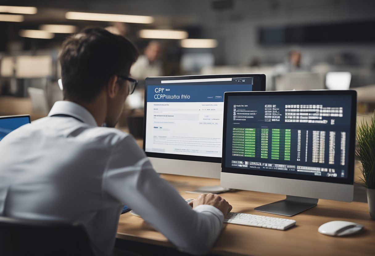 Uma pessoa sentada em uma mesa com um computador, inserindo um número de CPF em uma barra de pesquisa para acessar o histórico educacional.