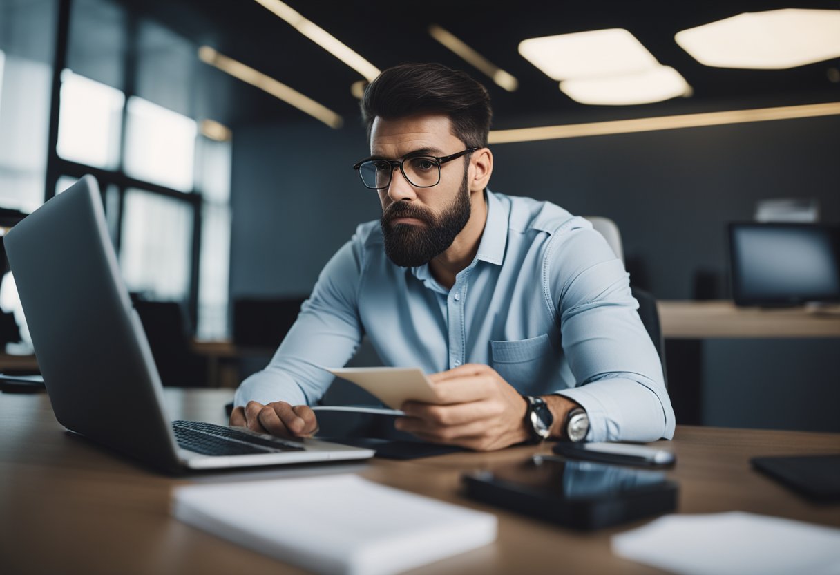 Uma pessoa sentada em uma mesa com um computador, parecendo frustrada enquanto tenta navegar em um site do governo para verificar seus pagamentos de INSS em atraso.