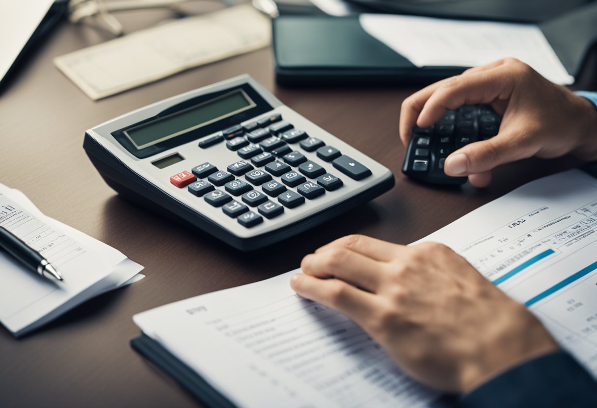 Uma pessoa sentada em uma mesa com uma calculadora e documentos, parecendo estressada enquanto tenta entender sua contribuição atrasada do INSS.