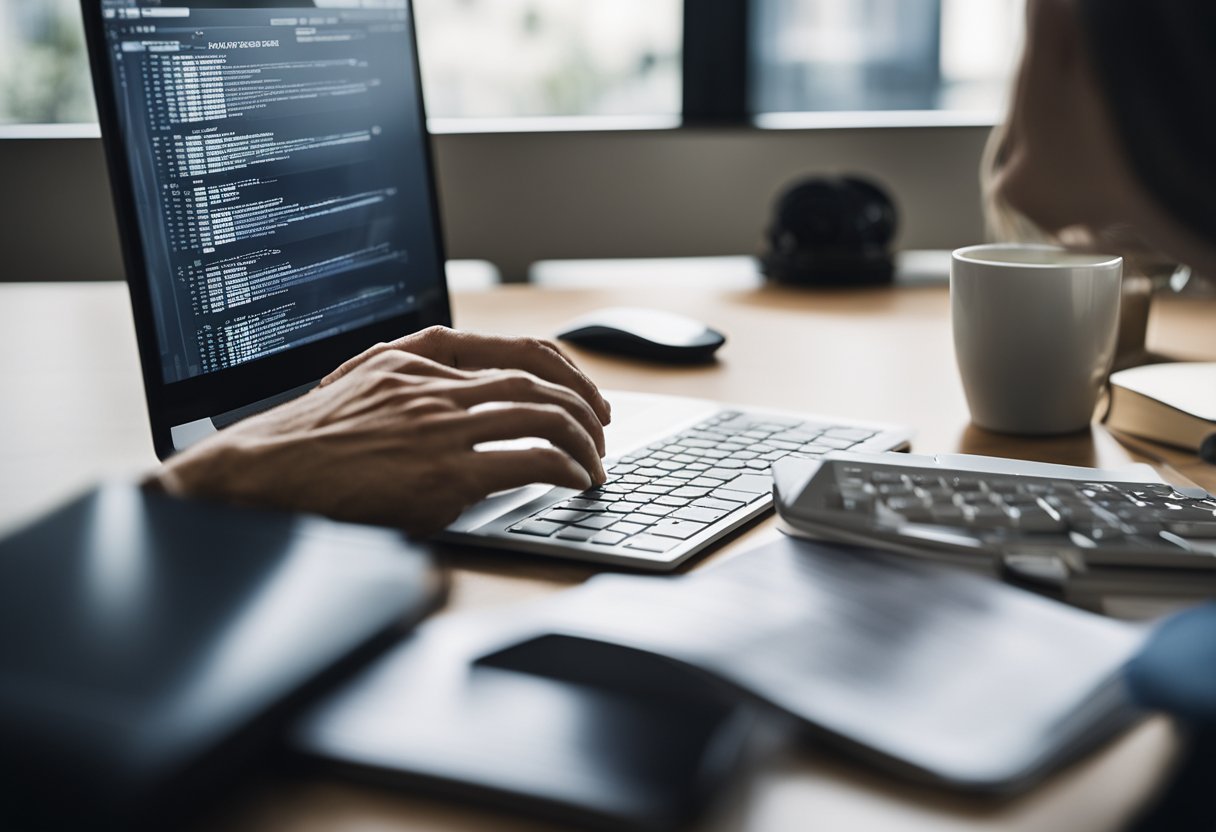 Uma pessoa sentada em uma mesa, usando um computador para acessar o site do INSS e verificando suas dívidas em atraso.