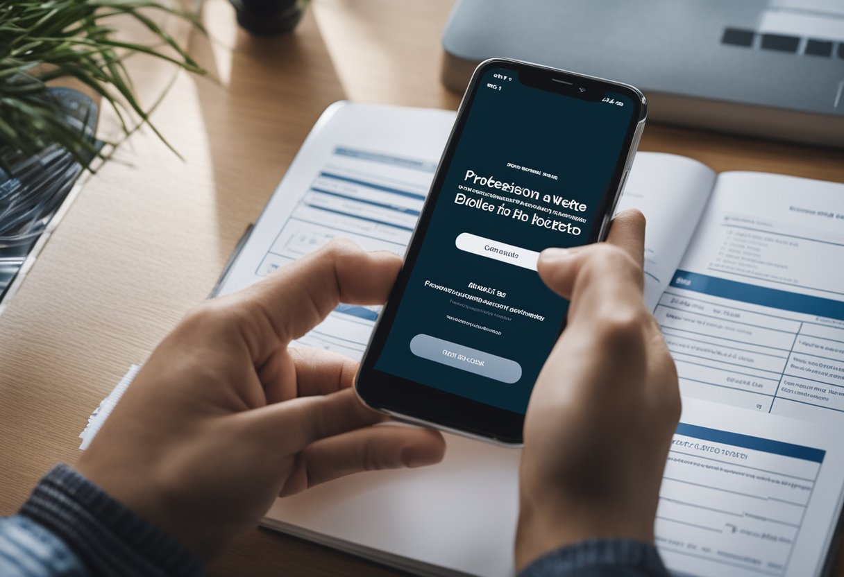 Uma pessoa usando um smartphone para acessar um site, inserindo seu CPF e navegando pelas opções para encontrar e visualizar seus boletos.