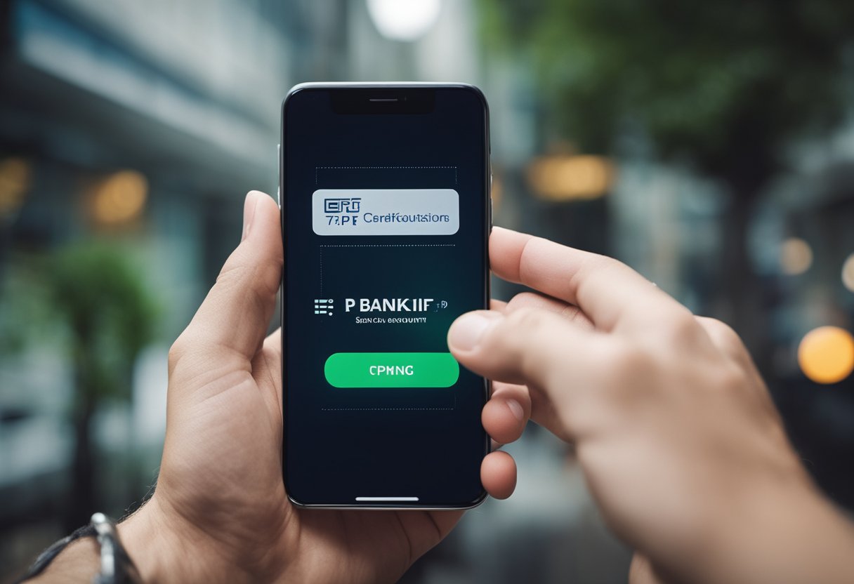 Uma mão segurando um smartphone com um aplicativo bancário aberto, inserindo um número de CPF para verificar uma conta bancária