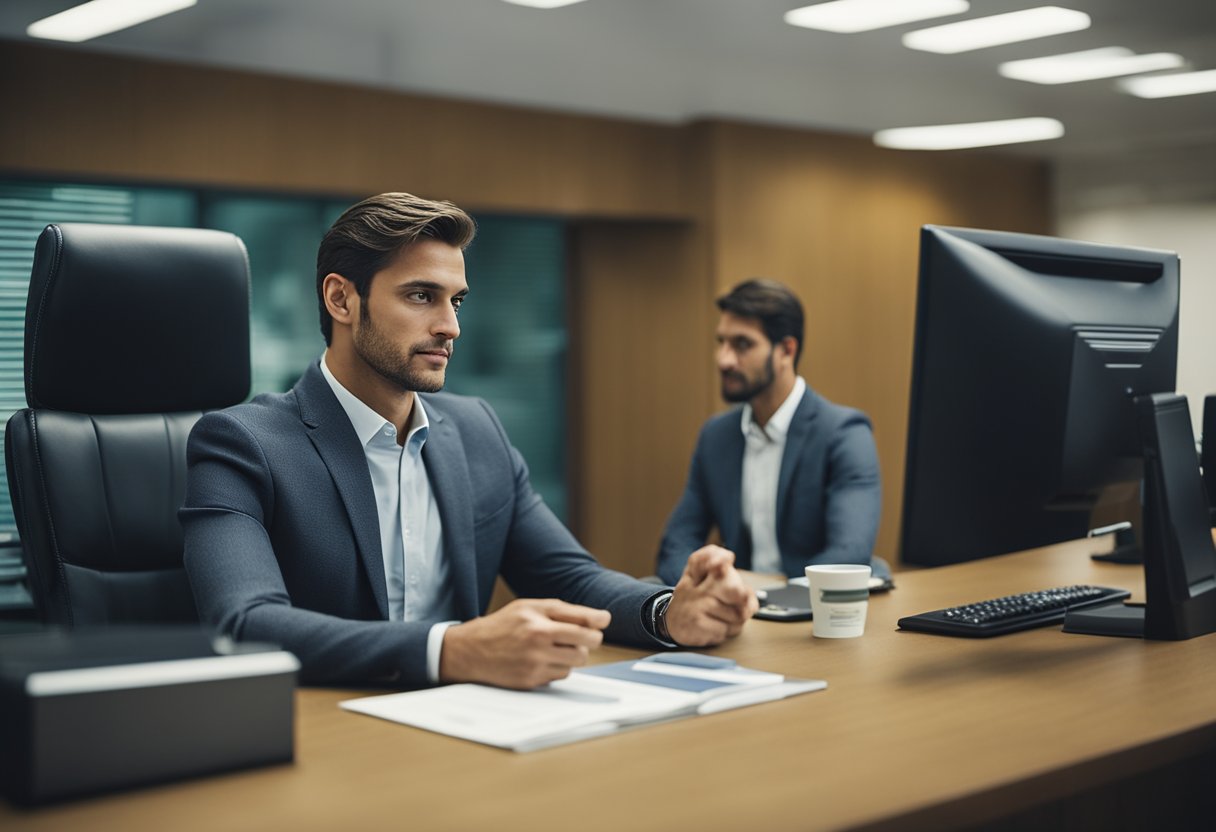 Uma pessoa em uma mesa em um banco, consultando com um funcionário do banco sobre um depósito judicial no Banco do Brasil