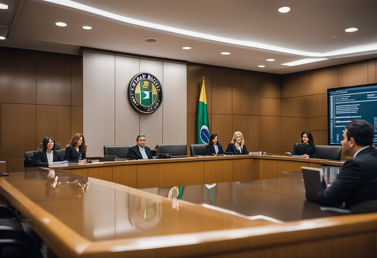 Uma cena de tribunal com um juiz, advogados e clientes, com um logo proeminente do Banco do Brasil ao fundo.