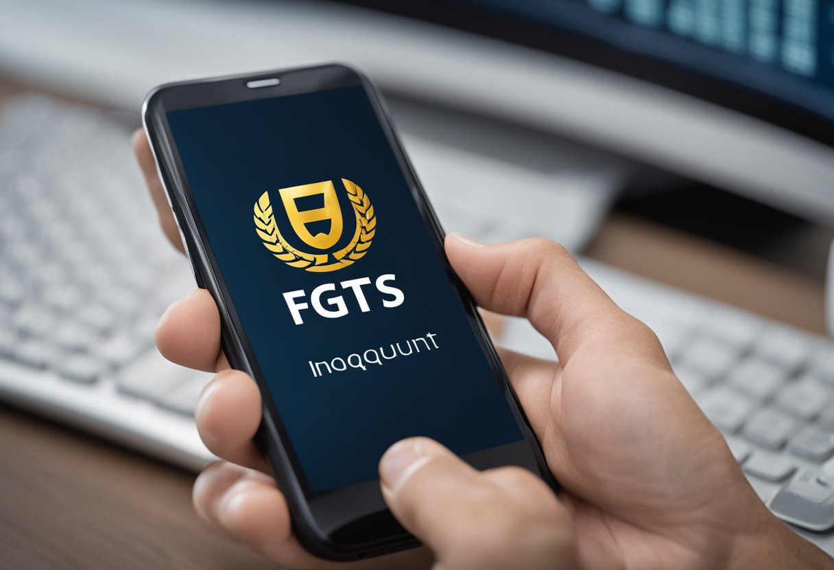 Uma pessoa segurando um telefone com o logo do FGTS na tela, enquanto disca um número para perguntar sobre sua conta do FGTS.