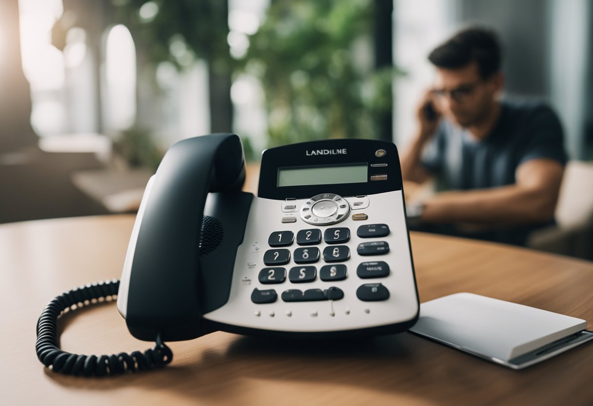 Uma pessoa usando um telefone fixo para ligar e perguntar sobre sua conta do FGTS