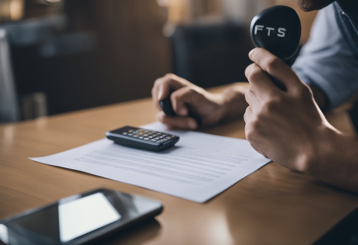 Uma pessoa segurando um telefone perto do ouvido com uma expressão preocupada, enquanto olha para um papel com "FGTS" escrito nele.