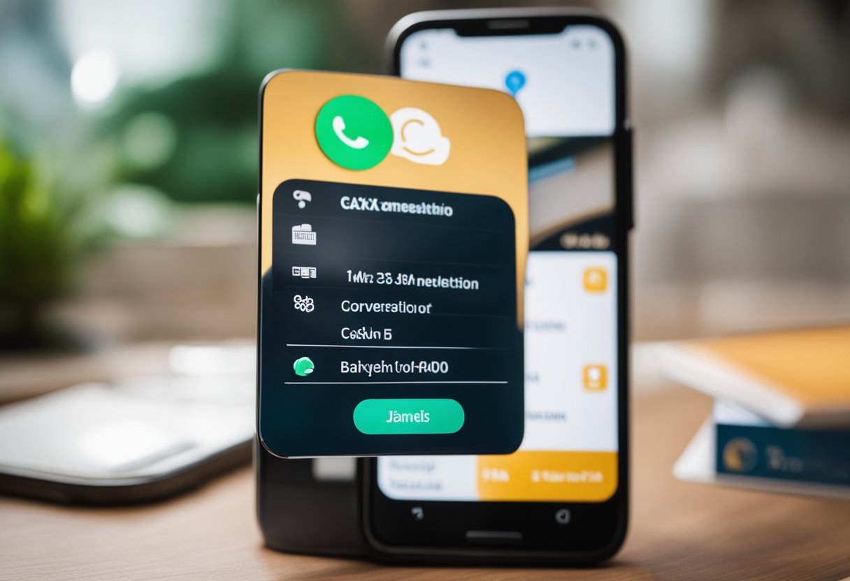 Um smartphone com o aplicativo Caixa Tem aberto, exibindo o saldo, enquanto uma conversa no WhatsApp com o banco é visível ao fundo.