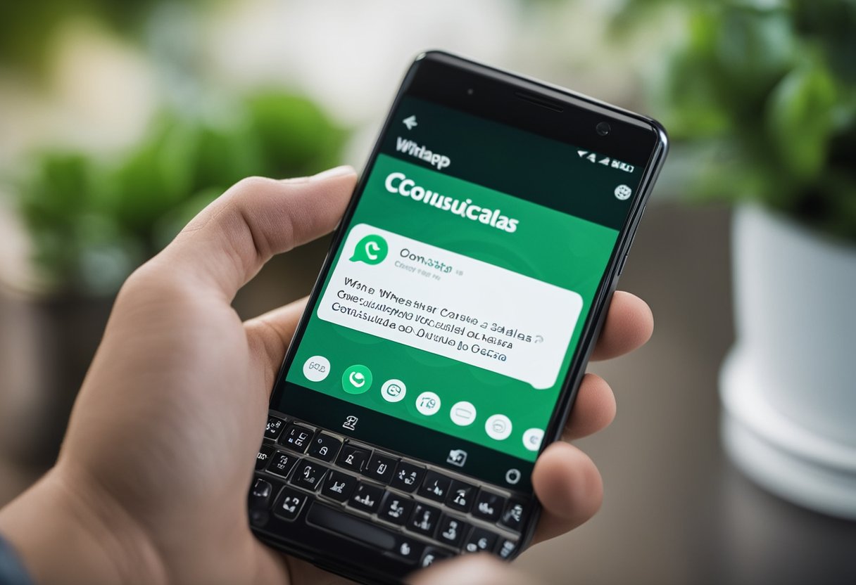 Um smartphone com a interface do WhatsApp aberta, exibindo uma janela de chat com as palavras "Consultas consultar o saldo do caixa tem pelo WhatsApp" digitadas.