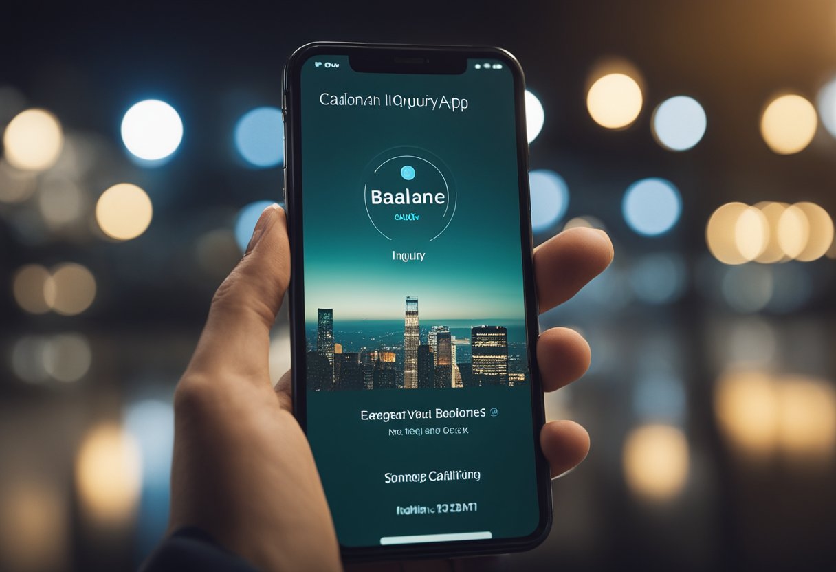 Uma pessoa segurando um telefone, com uma tela exibindo uma consulta de saldo no aplicativo Caixa Tem