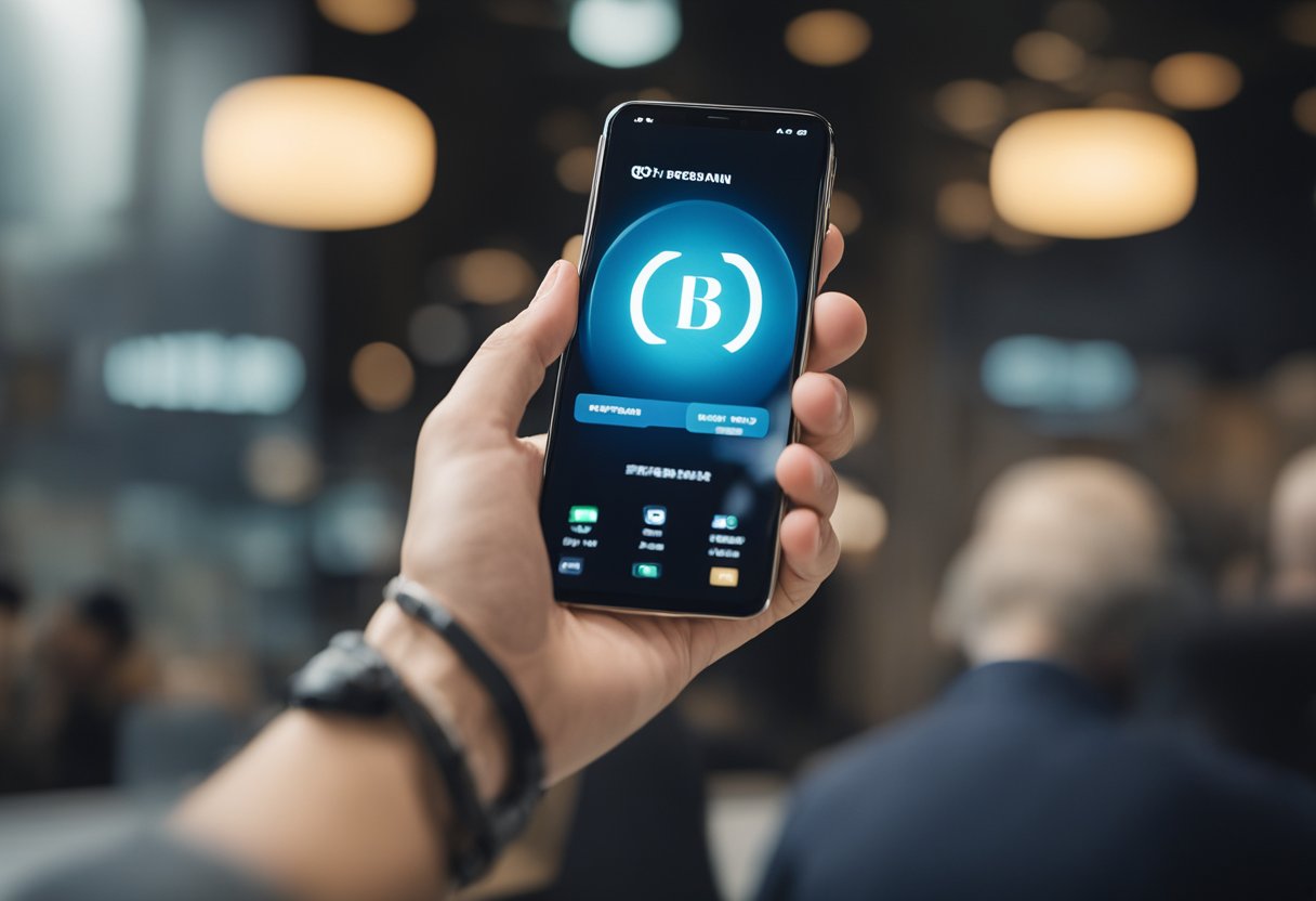 Uma pessoa segurando um telefone perto do ouvido, com um logotipo de banco exibido na tela e um valor de saldo visível