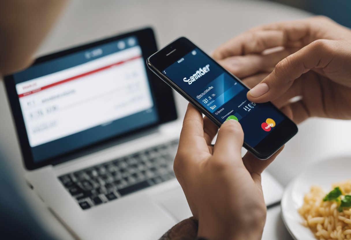 Uma pessoa usando um smartphone para verificar o saldo do seu cartão de refeição Santander